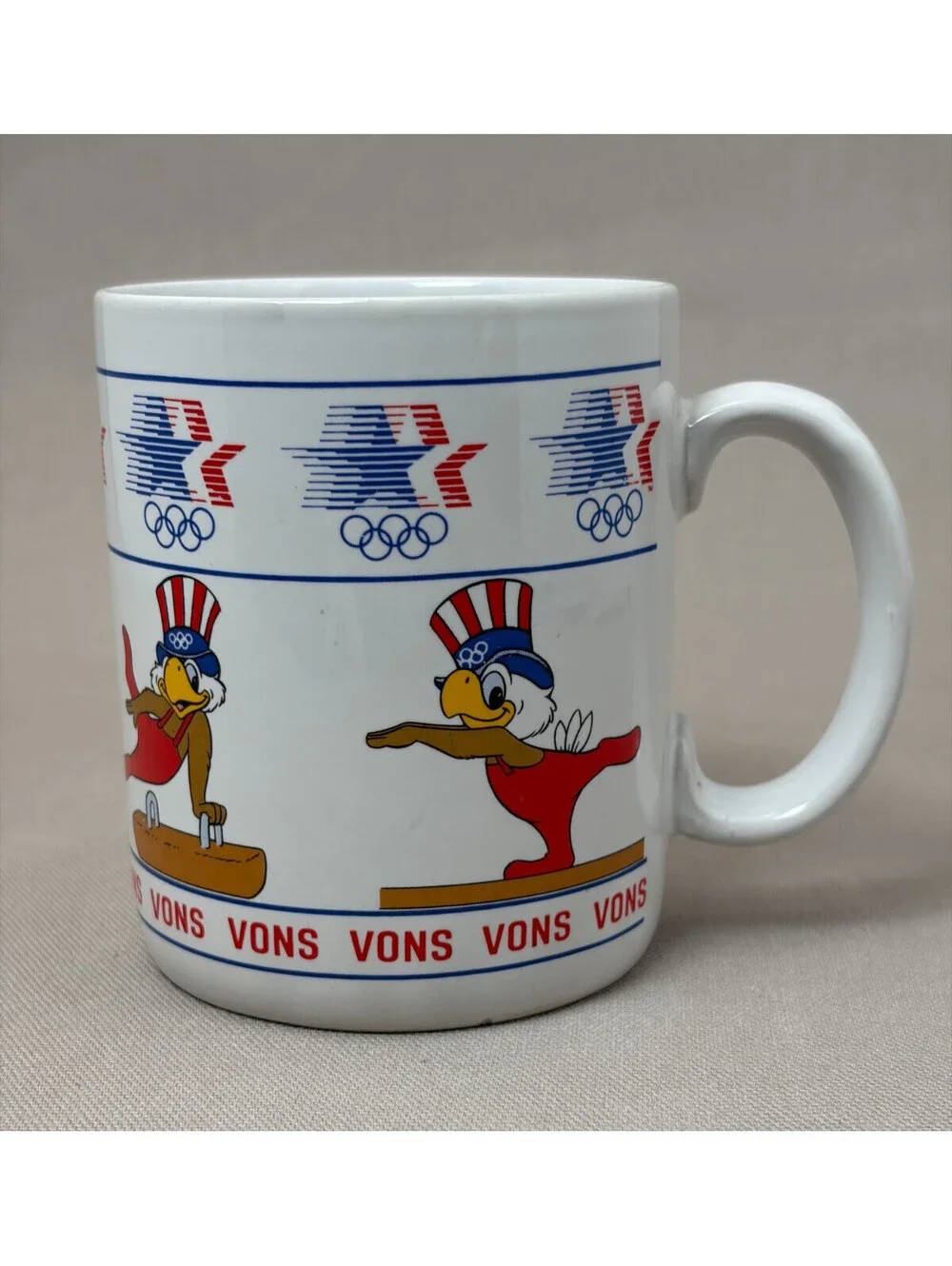 Vintage 1984 LA Olympics Sam the Eagle Gymnastics Mug Papel Vons Cup 10 oz